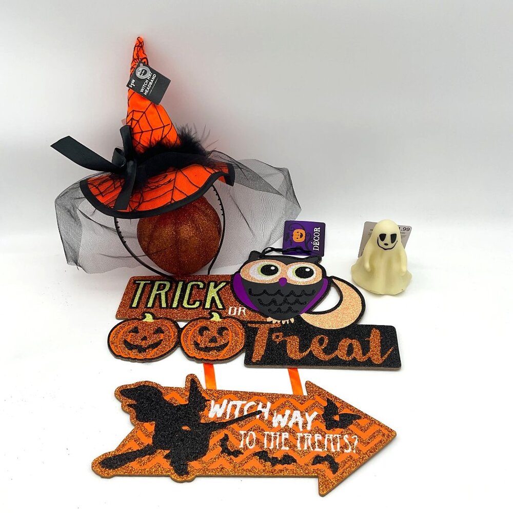 Witchy Halloween Junk Drawer Lot Glitter Sign and Pumpkin Spiderweb Hat & Gho
